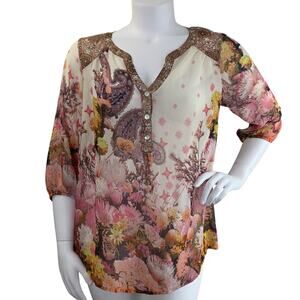Fig & Flower Sheer Blouse Size 1X Floral Paisley Henley Style Boho 3/4 Sleeve